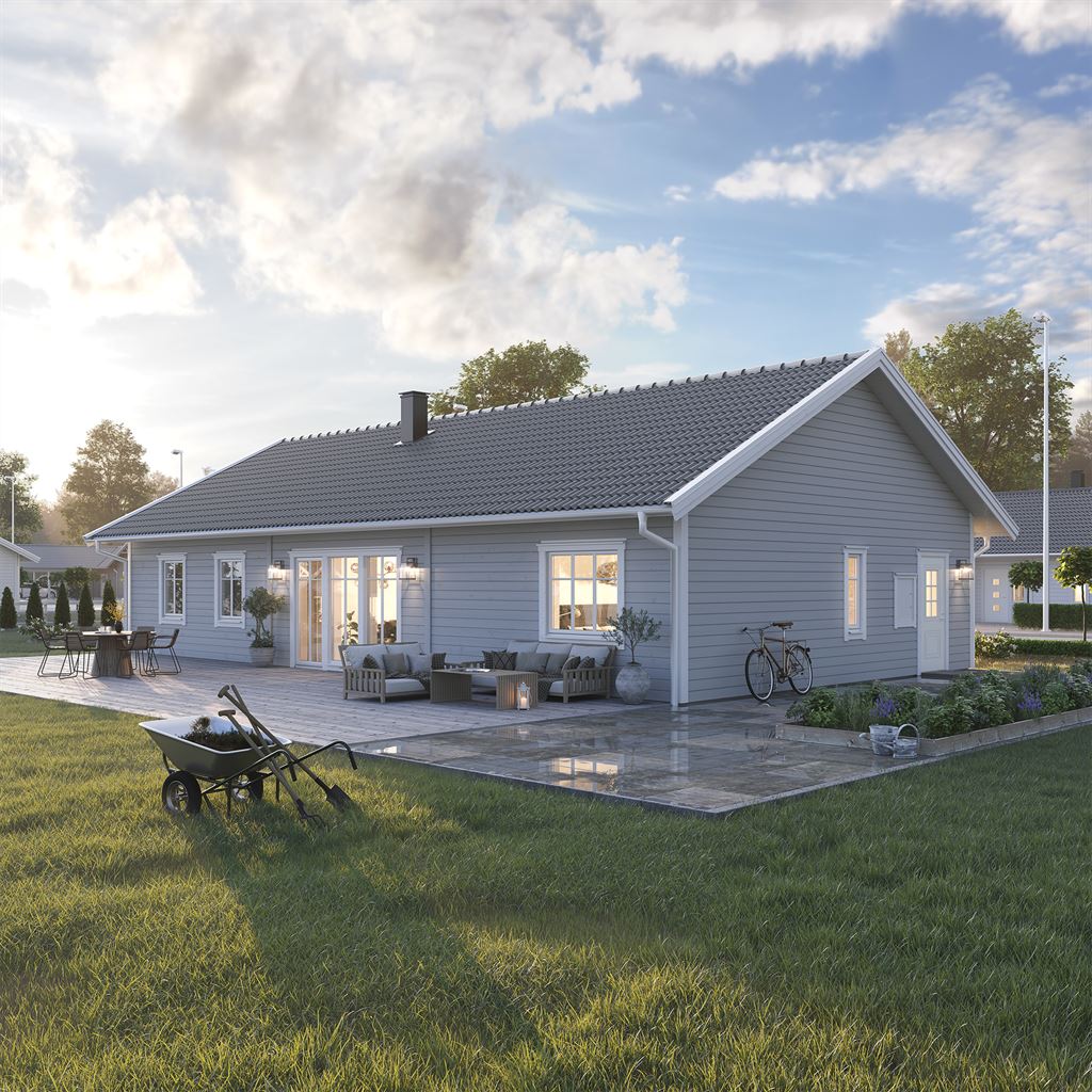 Grått Villa Vallda klassisk exteriör med altan